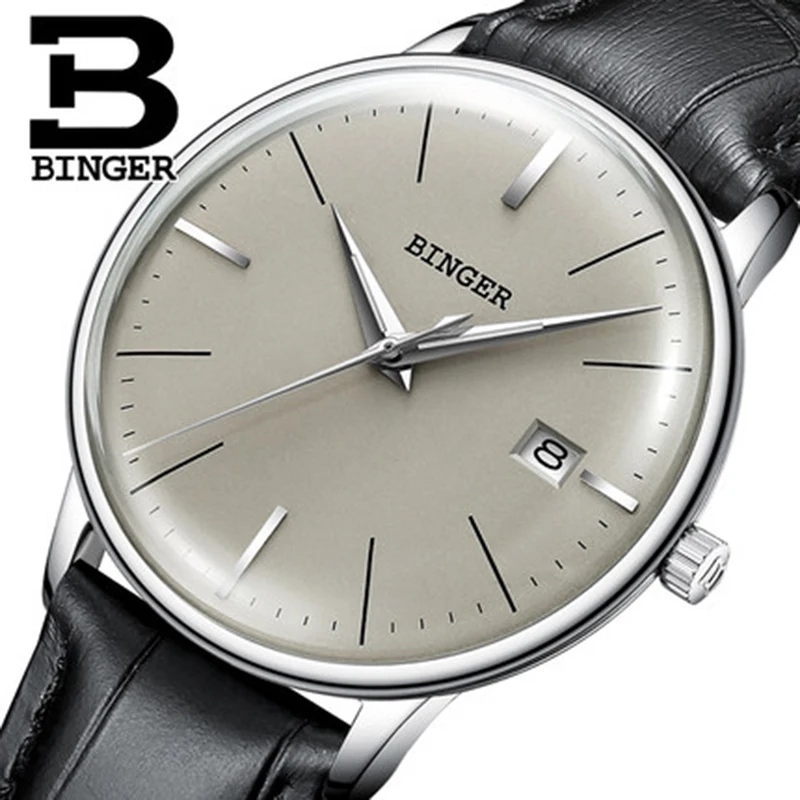 Switzerland BINGER Brand Men watch leather strap automatic mechanical watch male Luxury self-wind simple cruve surface handwatch