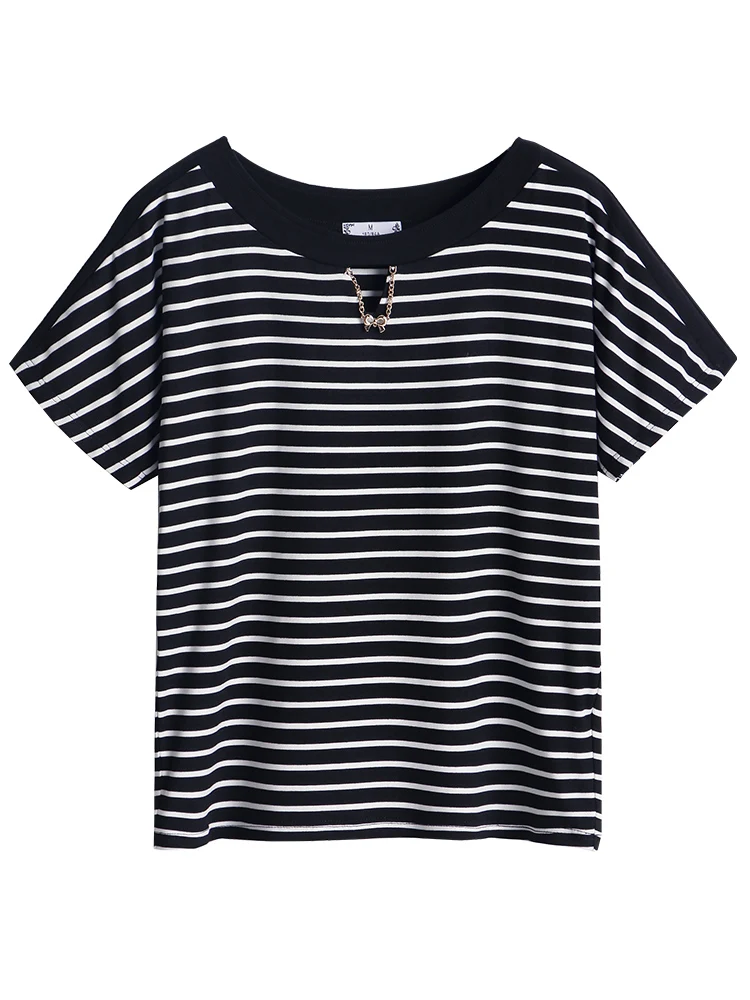 

Loose Short Sleeve Women's T-shirt 2020 New Large Size T-shirt Summer Pure Cotton Korean Half-sleeve Black-and-White Stripe
