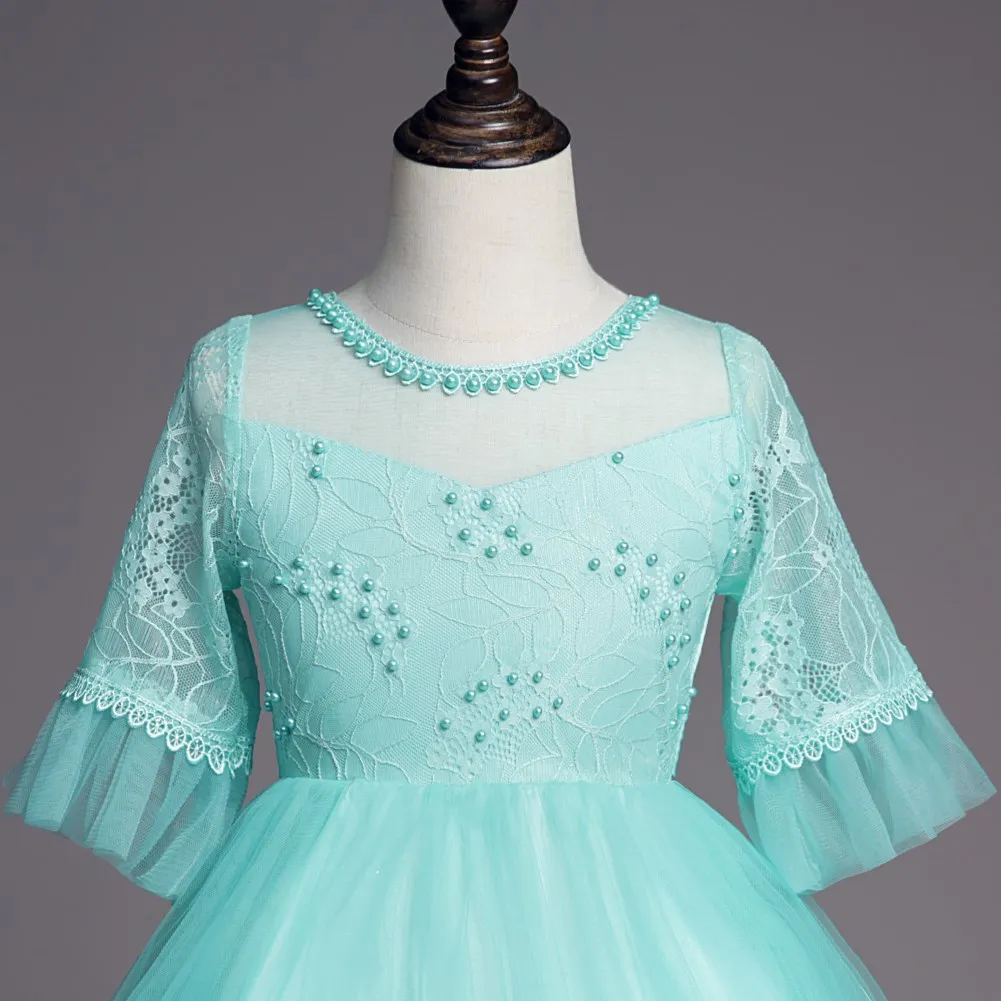 Pearls Appliques Princess Girls Evening Party Dress Children Flower Dresses for Weddings Ball Gown Kids Vintage | Детская одежда и