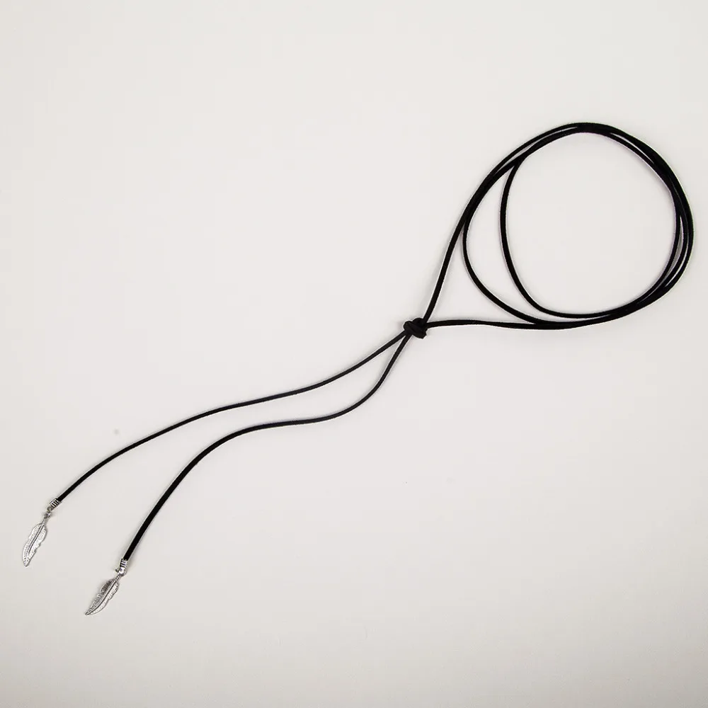 Черное кожаное ожерелье с длинной веревкой золотое Серебряное перо кулоны