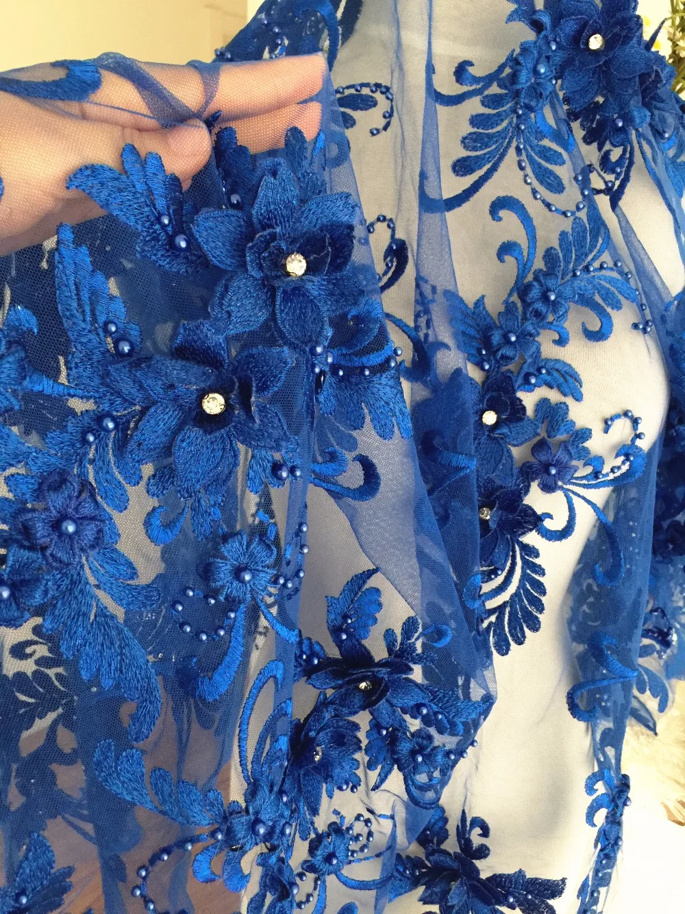 

Lux 3D Pearl Beaded Blossom Floral Embroidery Lace Fabric in Royal Blue by Yard , Haute Couture Bridal Wedding Gown Fabric