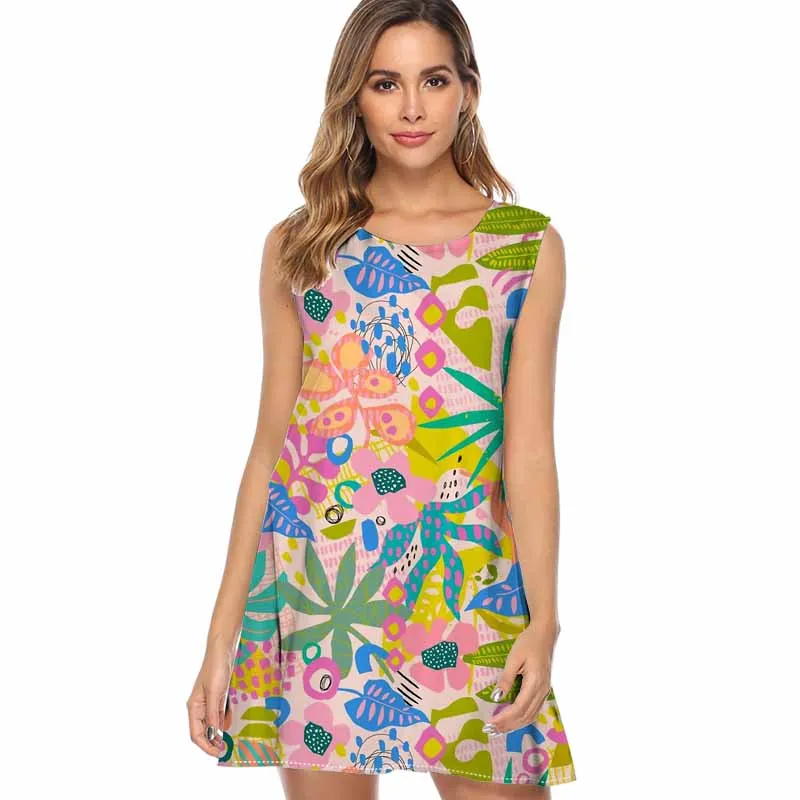 

2019 Sexy Women O-neck Sleeveless Dresses Summer Botanical Printed Beach Mini Dress Lady Casual Vintage Dress Vestidos
