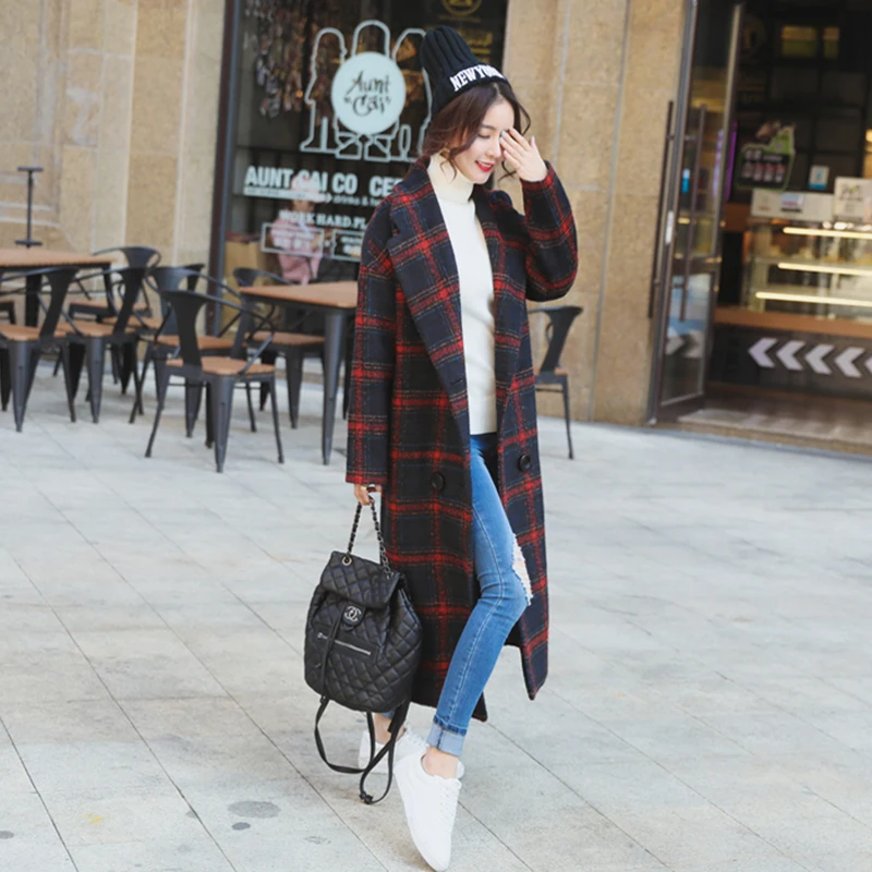 Высокое качество шерстяное пальто для женщин 2017 Осень новая X-Long решетка парка