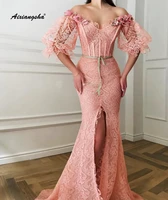 muslim blush long evening dress off the shoulder half sleeve 3d flower lace mermaid evening dresses vestido de festa longo
