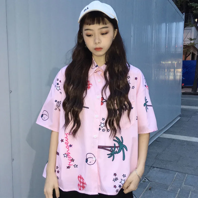 2018 летние женские Топы Harajuku милые рубашки ulzzang с милым принтом короткий рукав