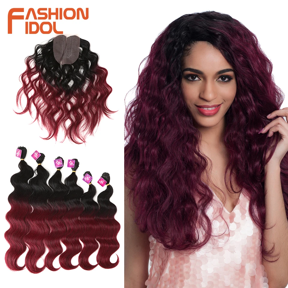 

FASHION IDOL Body Wave Curl Hair 16-20 inch 7Pieces/lot 240g Synthetic Hair Bundles With Closure Middle Part Lace Front Closure