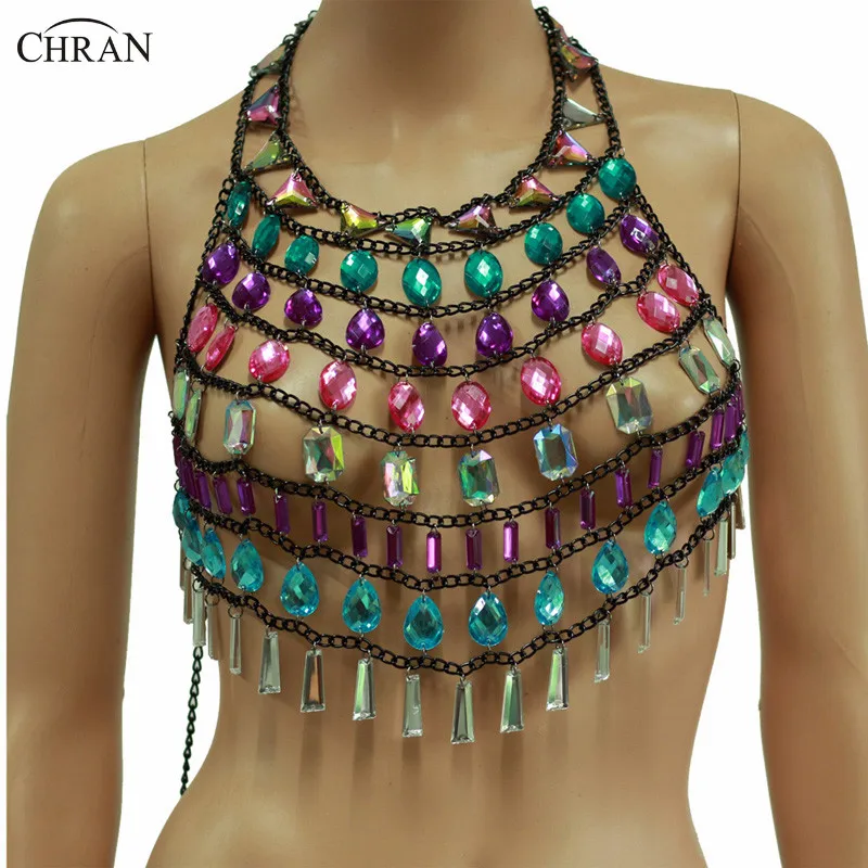 

Chran Sequin Mesh Chain Bralette Body Harness Sexy Bikini Carnival Burning Man Chainmail Bra Top Beach Jewelry