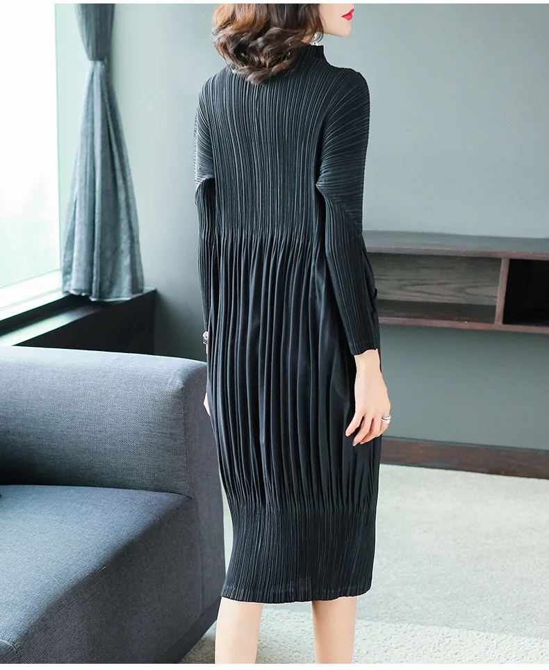 Changpleat весна осень однобортное платье Miyak Плиссированное модное дизайнерское свободное платье с длинным рукавом большого размера с карманами D9