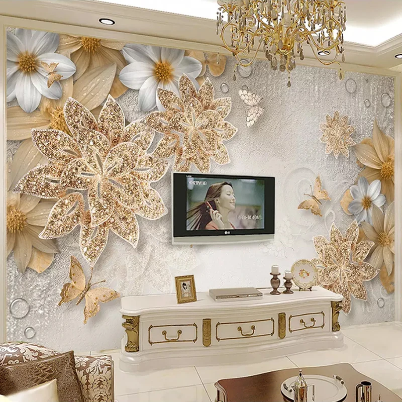 Custom Mural Wallpaper For Bedroom Walls 3D Luxury Gold Jewelry Flower Butterfly Background Wall Papers Home Decor Living Room|wallpaper for bedroom