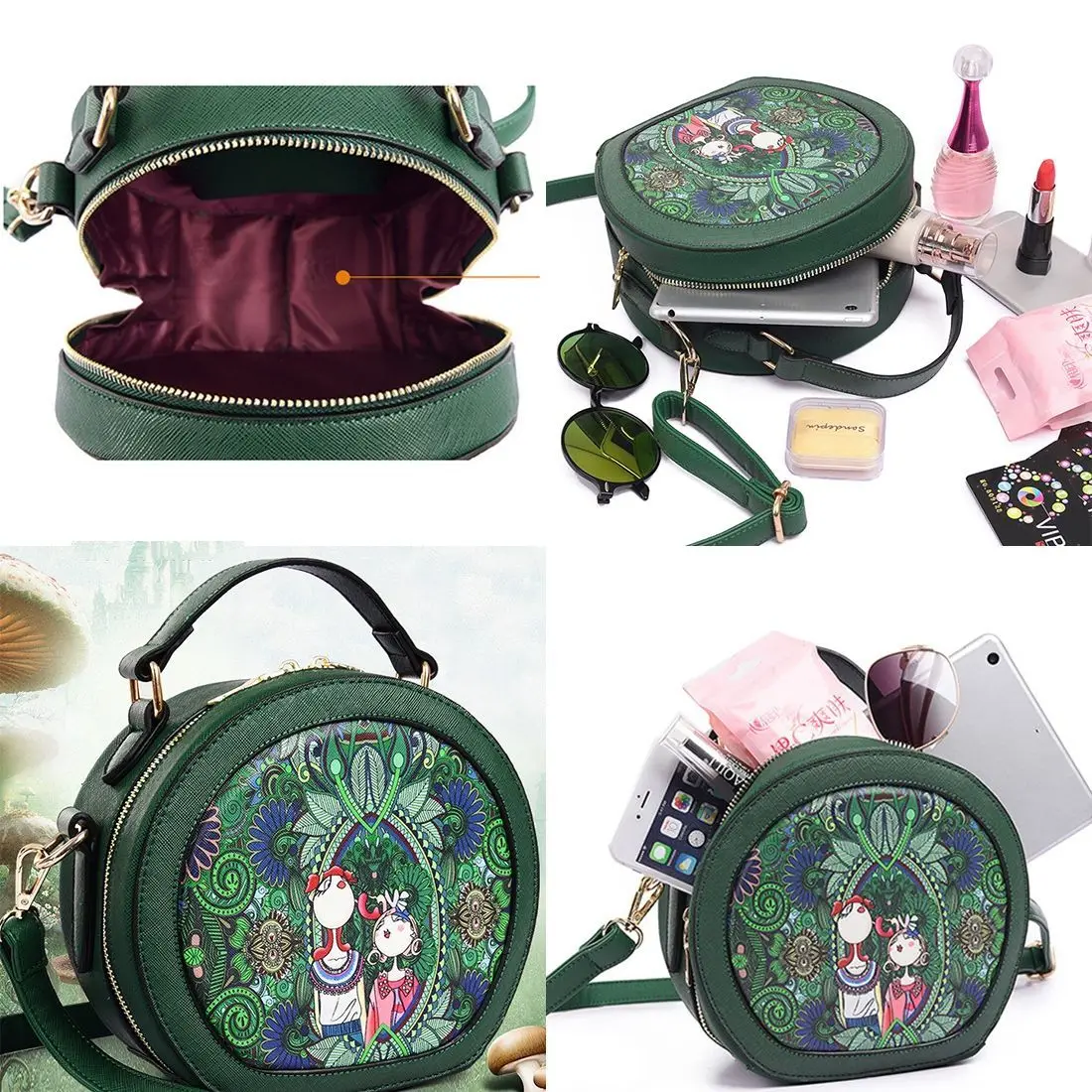 Ms. bag Лоскутная лесная девушка печать зеленая искусственная кожа модные
