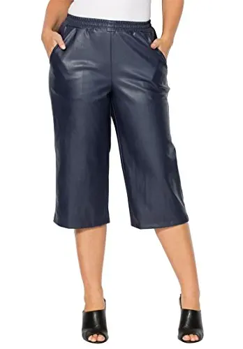 Женские брюки-кюлоты из искусственной кожи на осень и зиму с эластичным поясом