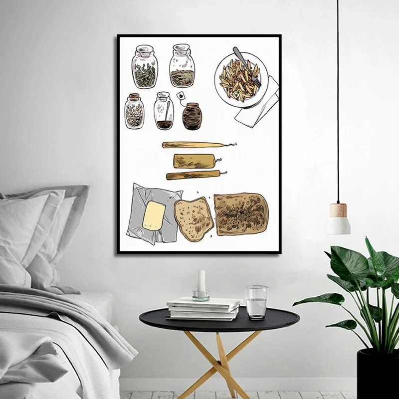 

Retro Bottle and Jar Retro Plate Bread Painting European Vintage Poster Modular Canvas Art Wall Pictures for Kitchen Decoration
