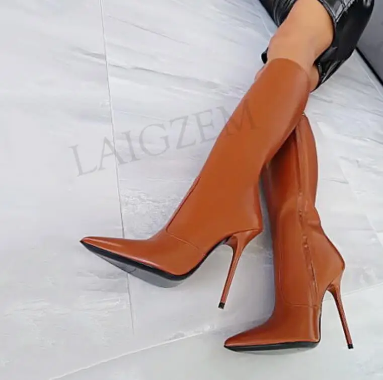 LGZ324 Brown LAIGZEM/женские сапоги до колена на высоком каблуке высокие сапоги на шпильке женская обувь с застежкой-молнией из искусственной кожи; Botines Mujer; большие размеры 34-47 - Цвет: LGZ324 Brown