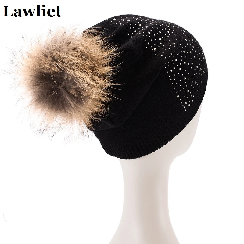 

Women's winter Cap mink raccoon fur ball hats feminino knitted hat Shining Rhinestone hat skullies beanies hats for women A397