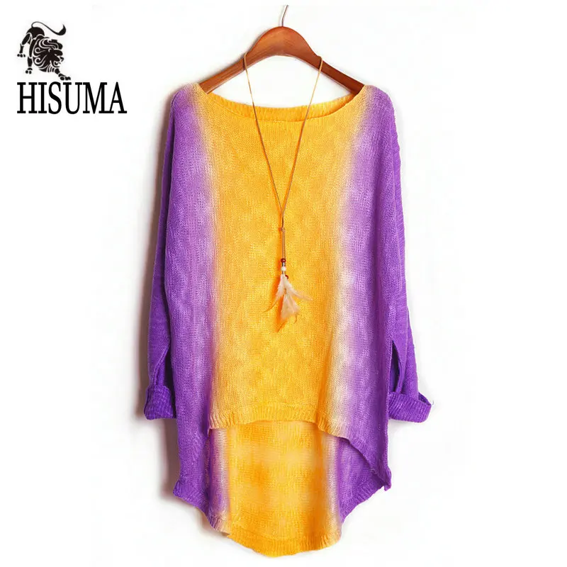 HISUMA Autumn New women's O-neck Neon Color Block Bat sleeve Knitted Dovetail Pullovers fairy Basic Sweater | Женская одежда