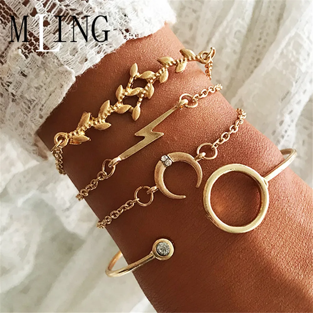 MLING 4 шт./компл. винтажные листья Луна молния круг браслет для женщин с шармами из