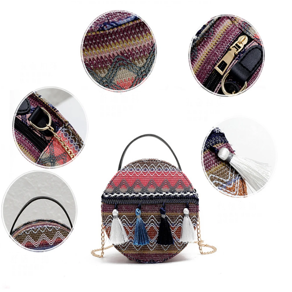 Boho национальная круговая Маленькая женская сумка через плечо, стеганая сумка-кошелек с цепочкой на ремне, праздничная дорожная сумка