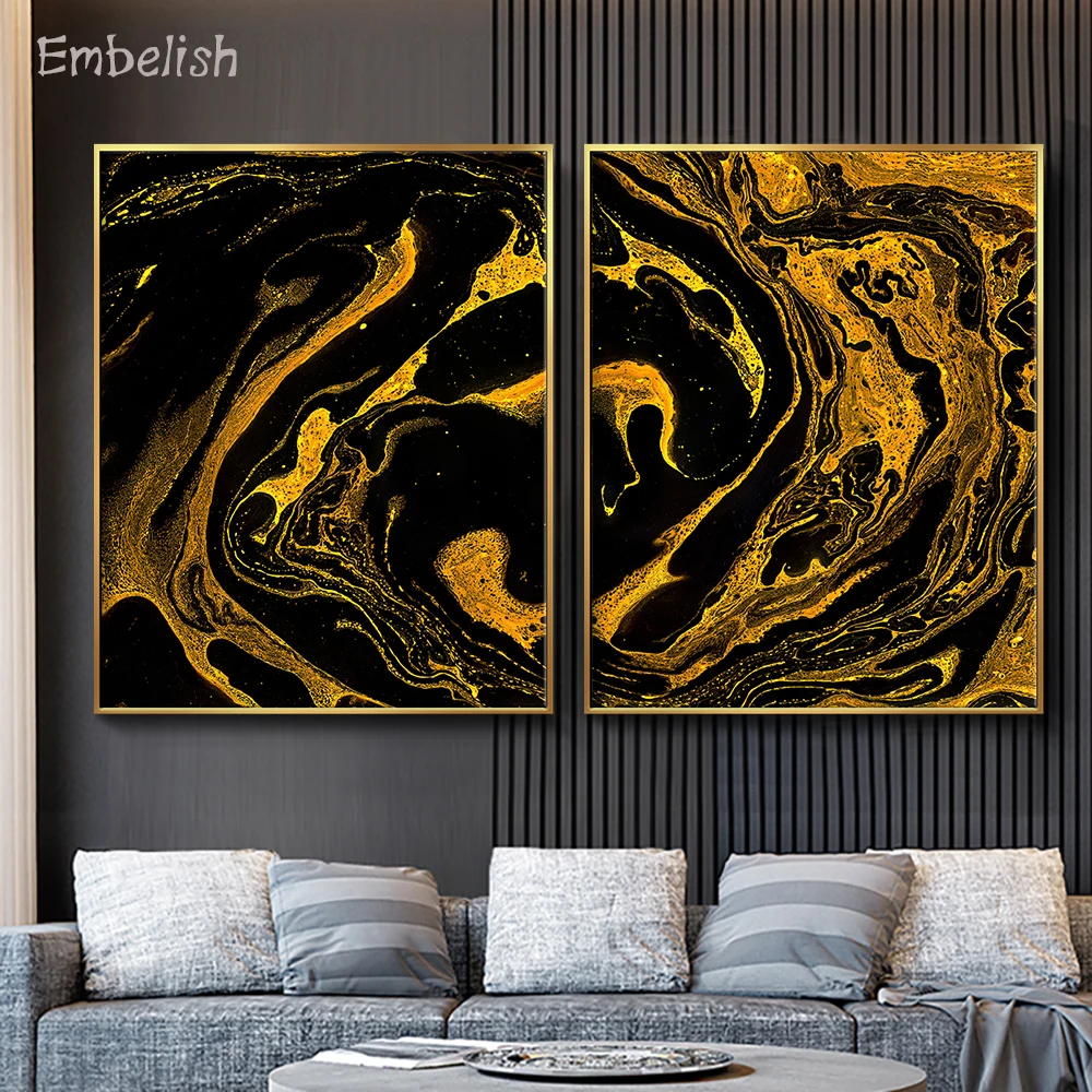 Embelish 2 Pieces Nordic Style Golden And Black Paints Large Wall Posters For Living Room Modern Home Decor HD Canvas Paintings | Дом и сад
