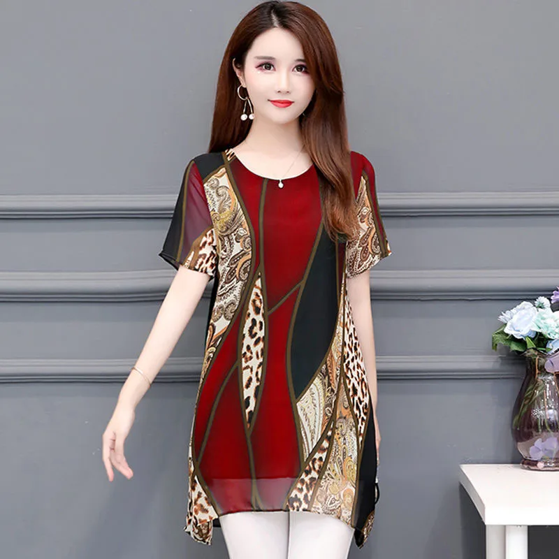 Женская Свободная шифоновая блузка с круглым вырезом и коротким рукавом | одежда