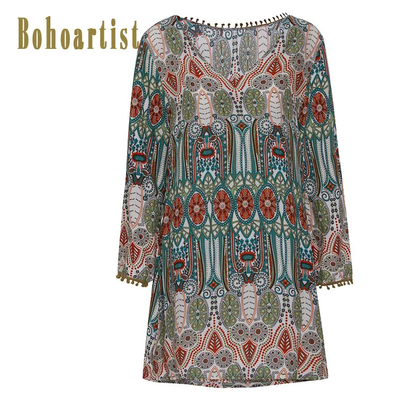 Bohoartist Boho платья летние плюс размер принт с длинным рукавом А силуэта сарафан