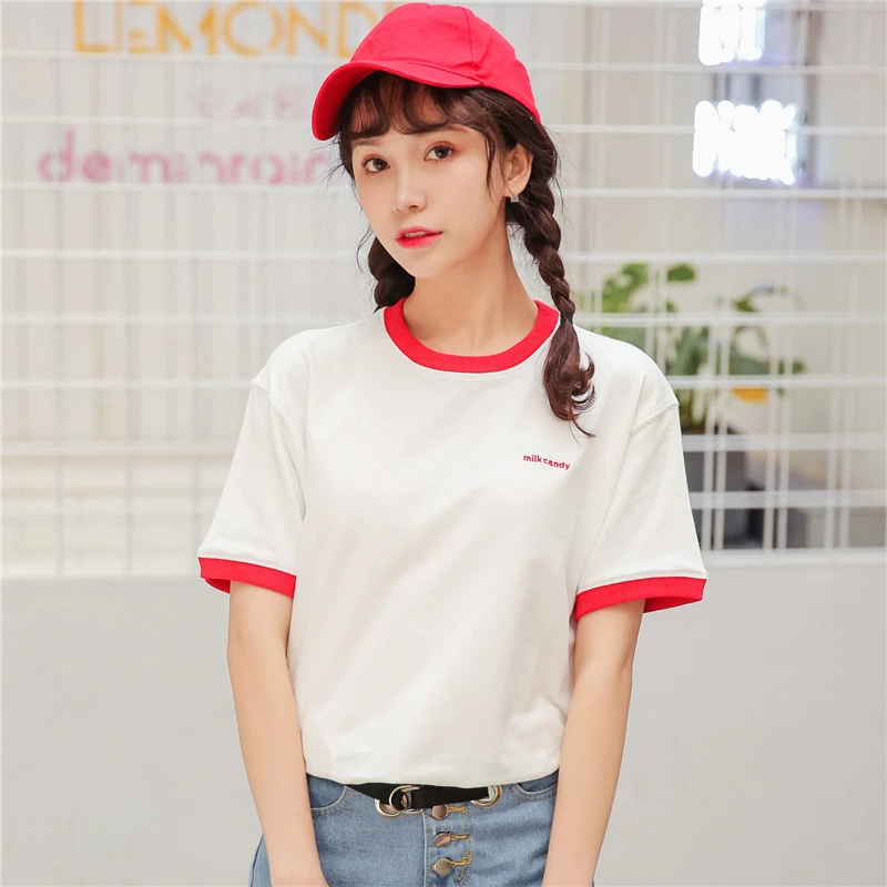 Harajuku Kawaii футболка с коротким рукавом летняя женская вышивкой Kpop Ulzzang топы для