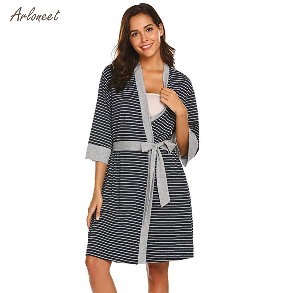 ARLONEET plus size pregnant Maternity Women Casual Care Striped Robe Childbirth Robe Hospital Breastfeeding Clothes