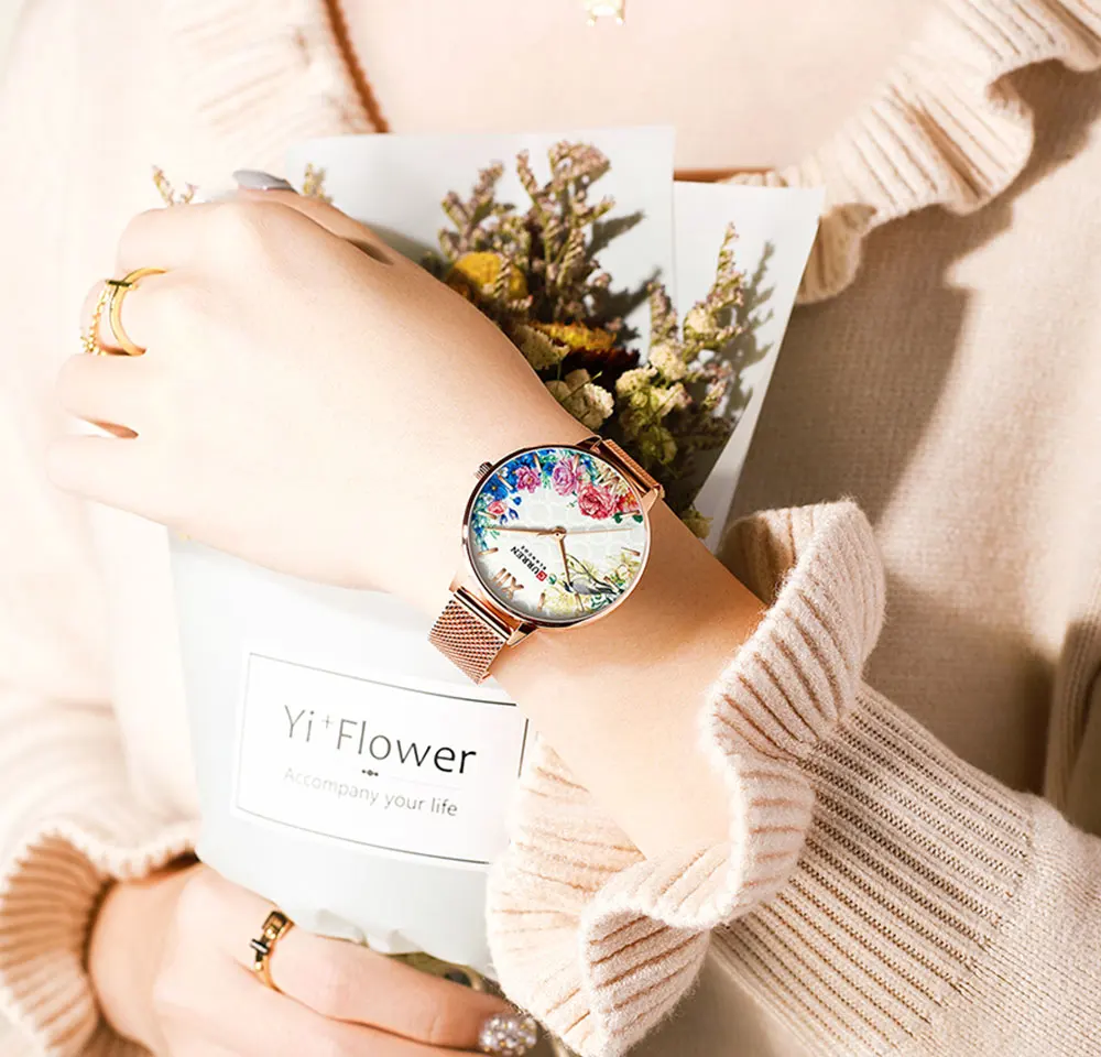 

CURREN Rose Gold Lady Watch Flower Garden Ultra-thin Mesh Steel Band Belts Quartz Waterproof Women Dress Wristwatch Montre Femme