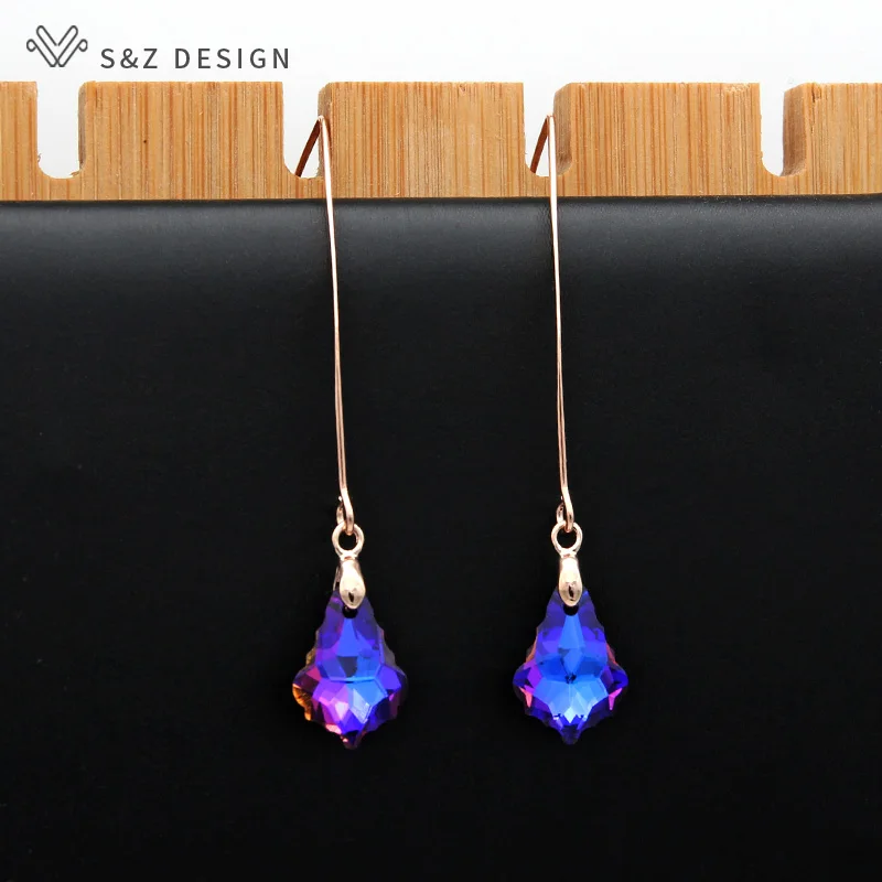 

S&Z New Long Colorful Imitation Crystal Water Drop Dangle Earrings Ear Hook 585 Rose Gold For Women Wedding Fashion Party Gift