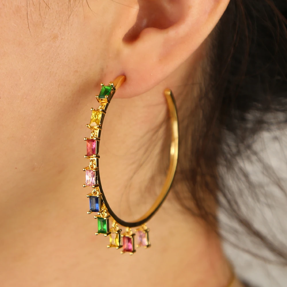 Большие радужные зеленые чешские обручи серьги багет богемное ювелирное изделие