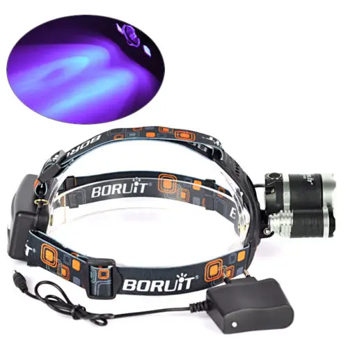 BORUIT Фонарь налобный светодиодный 6000 лм 3x XML T6 белый + 2R2 395 нм УФ зарядное