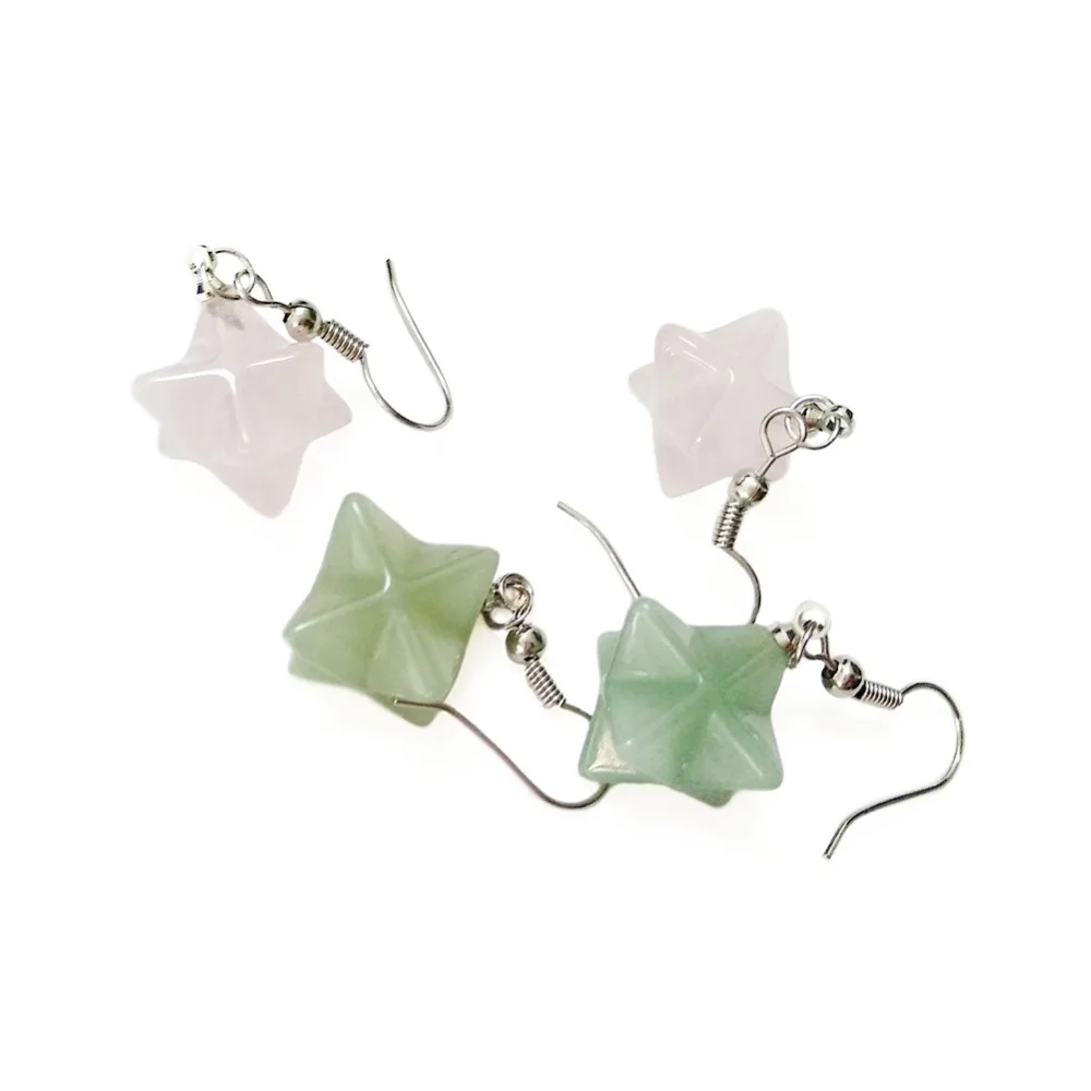Carved Merkaba Star Quartz Crystal Stone Sacred Geometry Natural Geometric Earrings Silver Plated Hook 1 Pair | Дом и сад