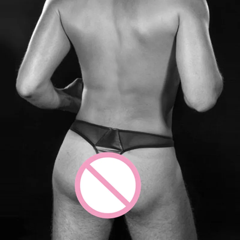 Men Open Crotch Thong Leather G String Underwear Low Waist Lingerie Homme Hollow Out Gay Jockstrap Male Black Vinyl Underpants