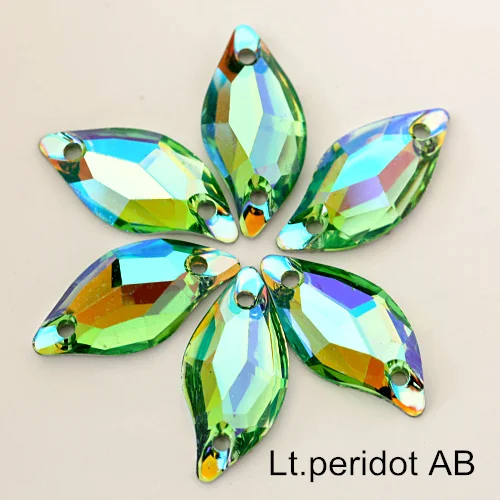 lt peridot ab Большая распродажа! 9x20 мм 50 шт полимерные Стразы в форме листа, пришивные стразы с плоской задней стороной, Стразы для шитья, 2 отверстия для одежды B0699 - Цвет: lt peridot ab