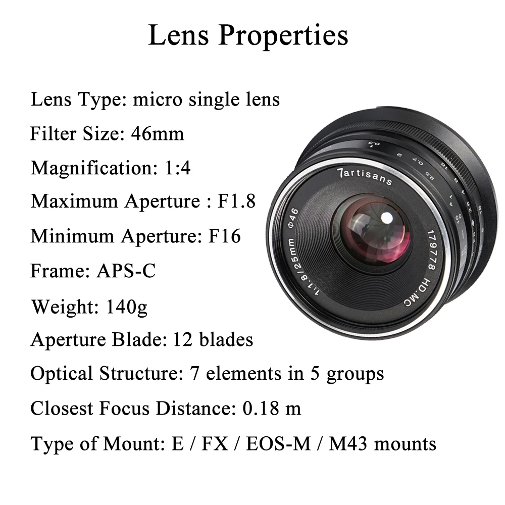 7 ремесленников 25 мм/F1.8 Prime объектив для всех sony E крепление/Canon EOS M Одиночная серия