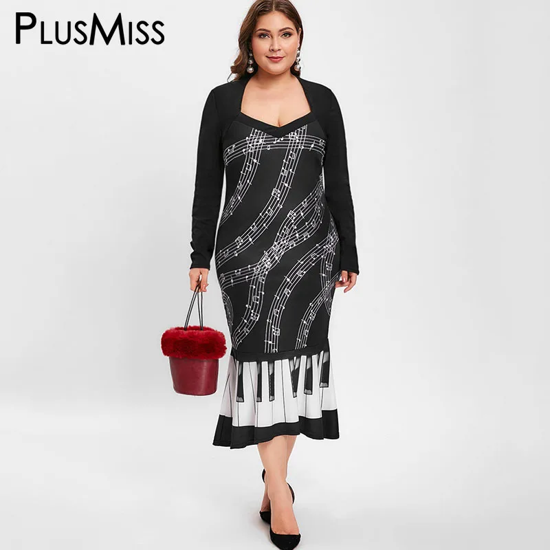 PlusMiss плюс размер 5XL Музыка Примечание Печатный Русалка Макси длинное платье XXXXL