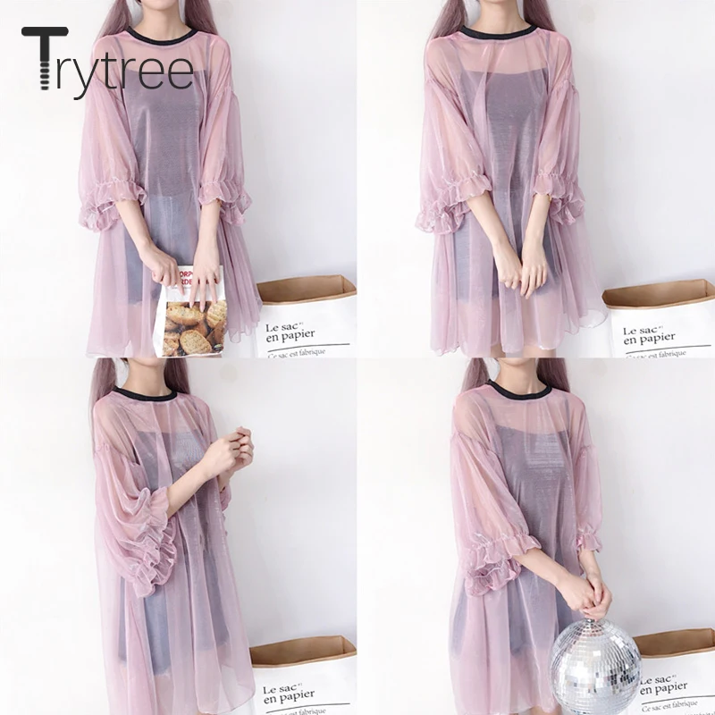 Trytree летнее платье повседневное женское с круглым вырезом и рукавом фонариком в