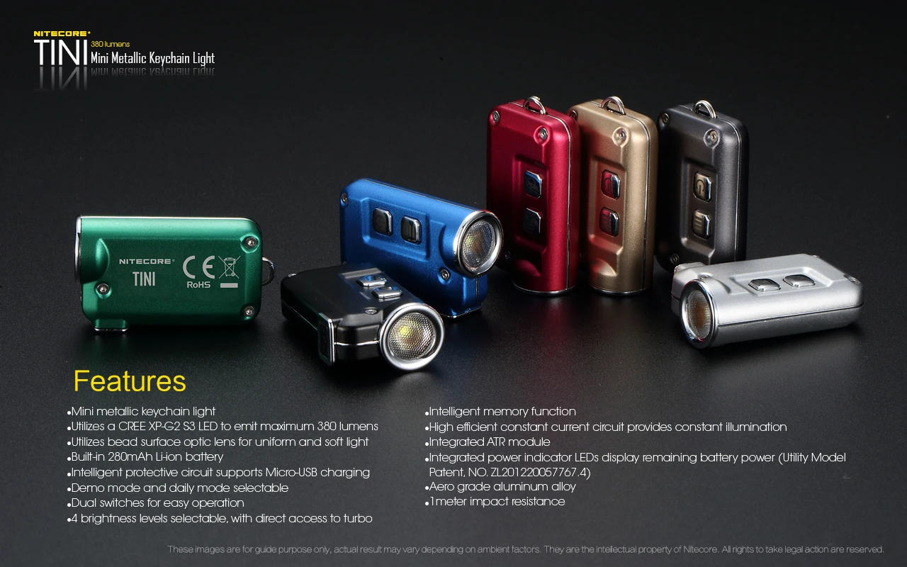 Nitecore TINI CU фонарик 380 люмен микро-USB зарядка мини металлический ключ фонарик на цепочке