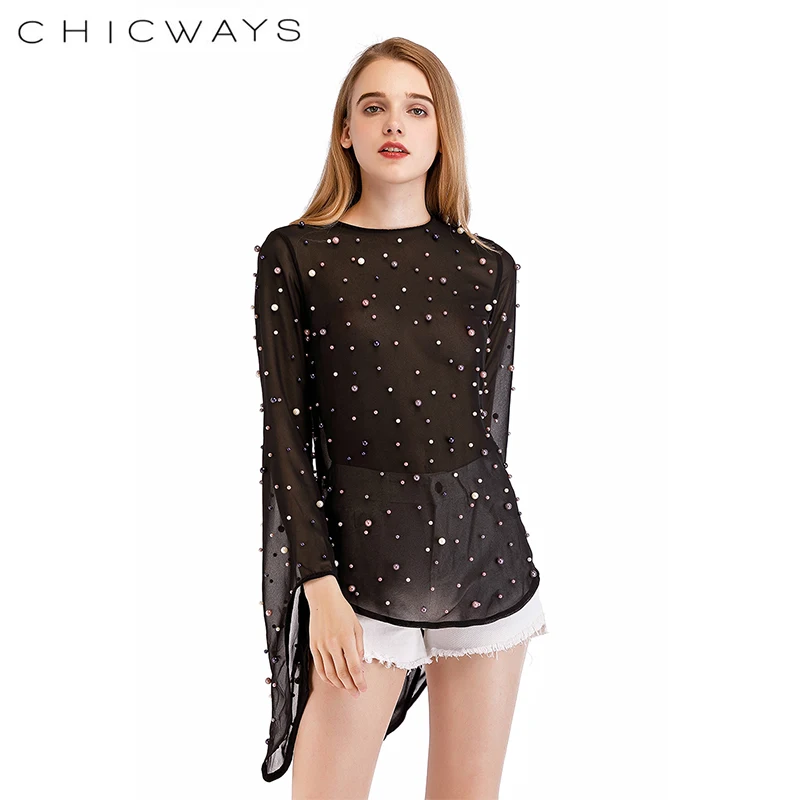 CHICWAYS бисерные жемчужные шифоновые топы сексуальные с открытой спиной белые