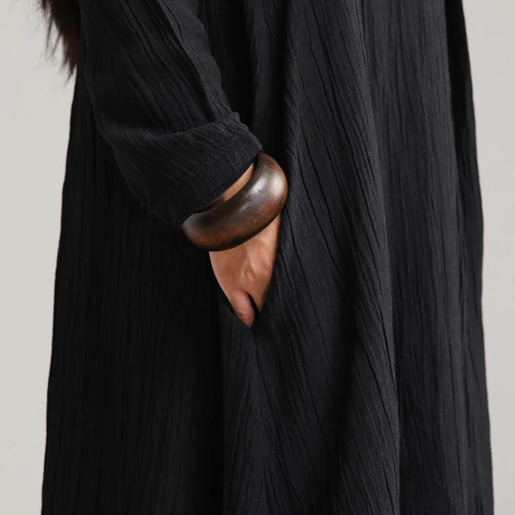 Асимметричное платье из хлопка и льна однотонное черное с длинным рукавом модель