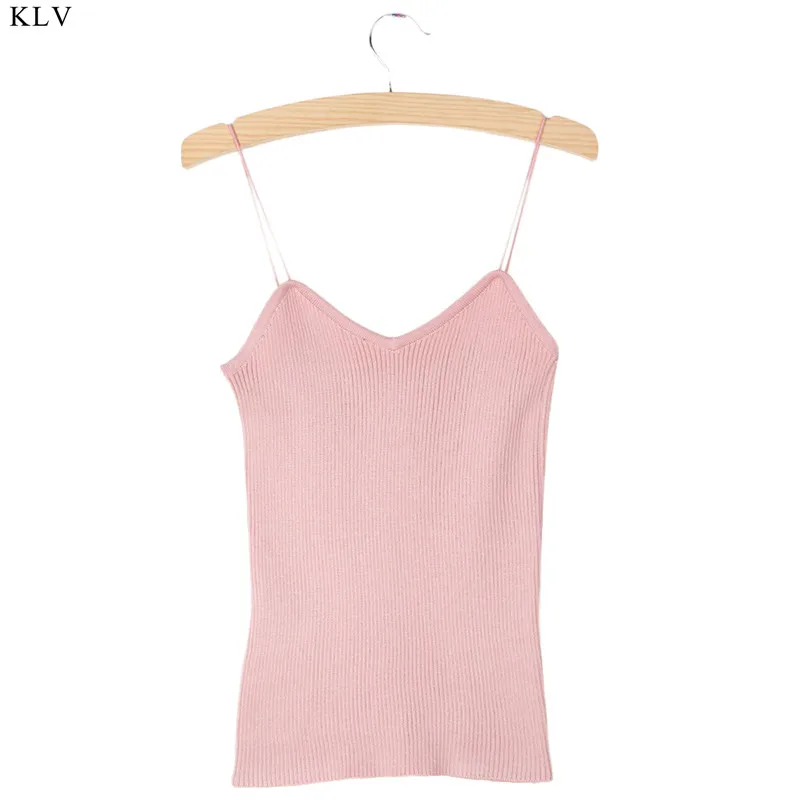 Pink KLV трикотажные безрукавки для женщин камзол жилет простой растягивающийся VNeck тонкий сексуальный на бретельках - Цвет: Pink