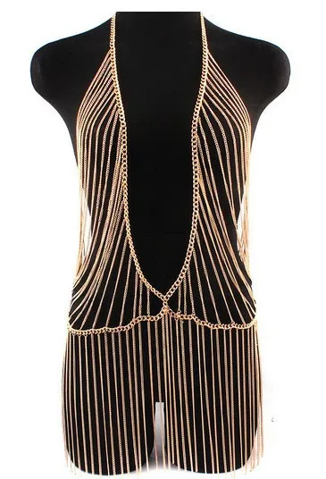 

Chran Sexy Unique Design Gold Beach Chain Fashion Women Metal Gold Tassel Beach Harness Chain Necklace Dress Jewelry Accessories