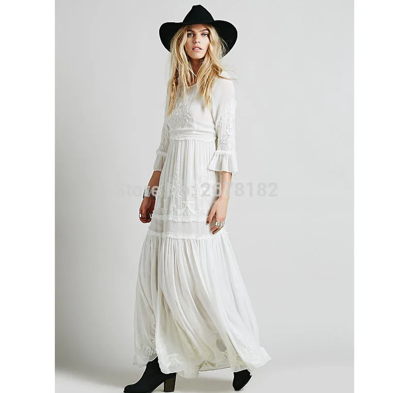 2018 новая богемная вышивка Макси платье женское белое с оборками элегантное милое