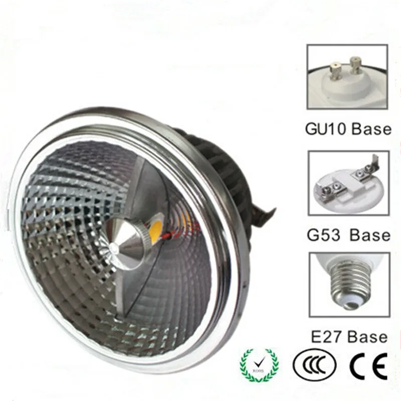 Новинка 2017 года LED AR111 Spotlight Dimmable15w GU10/E27/G53 лампочки с бликов дизайн AC85 265V/DC12V 100 Вт