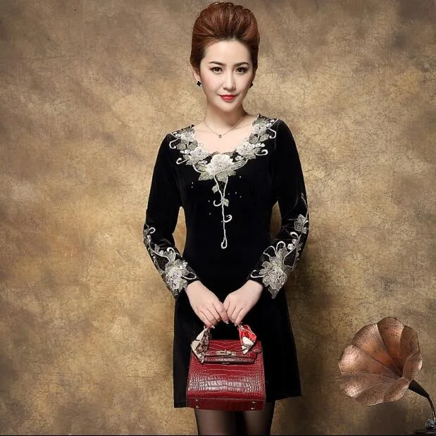 Осень 2019 женское бархатное платье большого размера для женщин среднего возраста