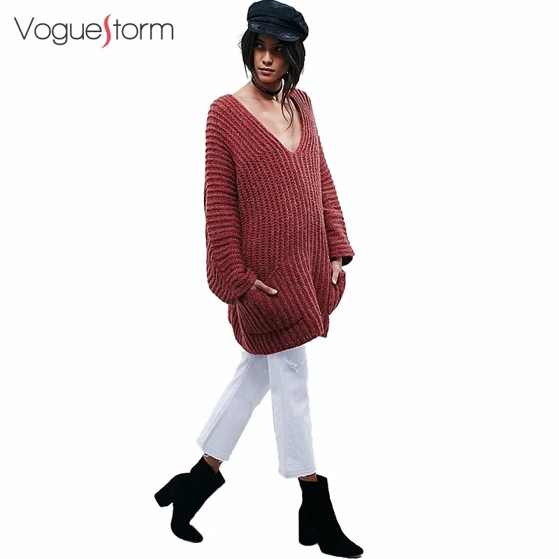 2016 Осень Новое Прибытие Свободно Плюс Размер V Шеи Женщины Пуловеры с Карманами