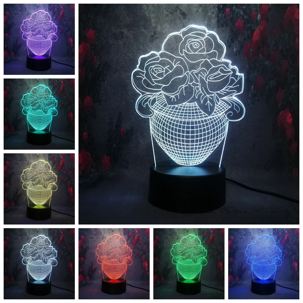Роза цветок цветочный Ночник декор для шланга LED Настольная лампа 7 цветов