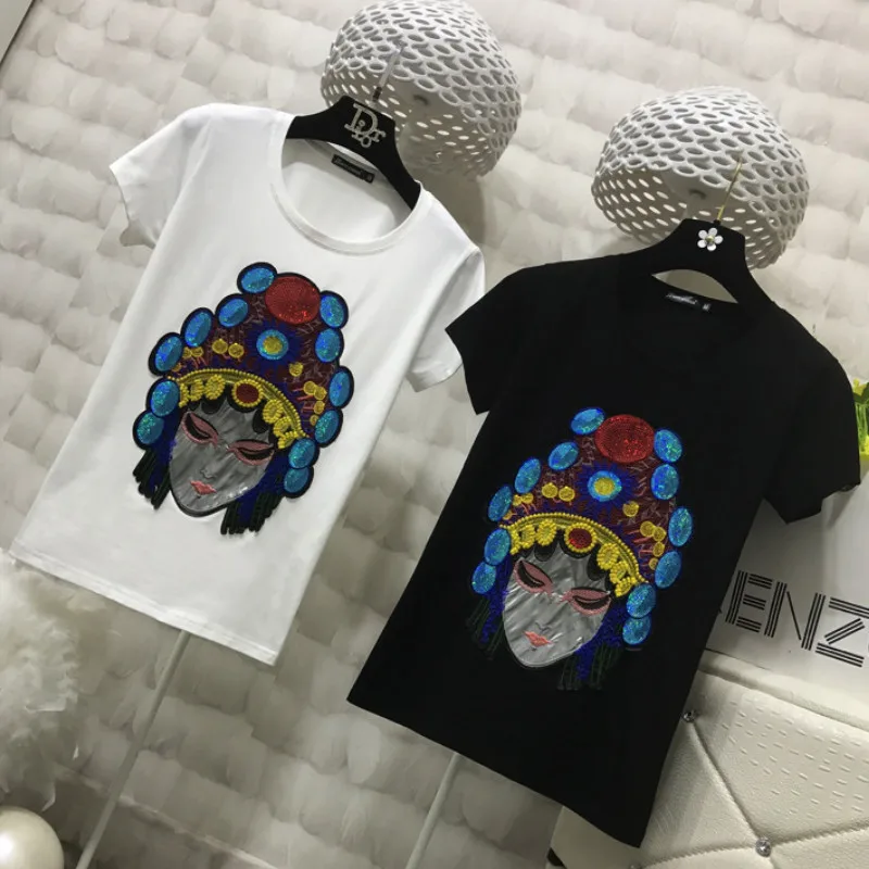 

Ethnic Peking Opera Face Sequins Embroidery T-shirt Women National Plus Size Wild Short-sleeved Tees O-neck Tops 2019