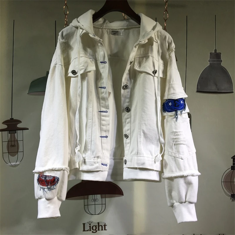 Вышивка значки Женщины джинсовая куртка с капюшоном Новинка 2018 года дамы