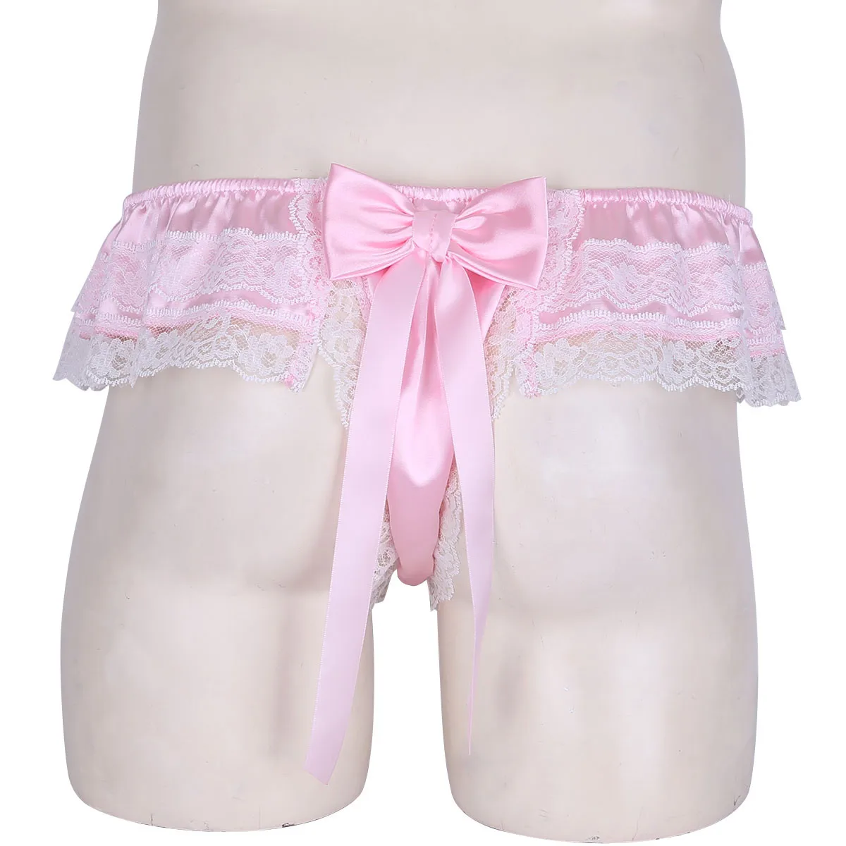 Mens Sissy Underwear Shiny Satin Lingerie Double Layers Floral Lace Panties Back with Big Bowknot Low Rise Thong | Тематическая