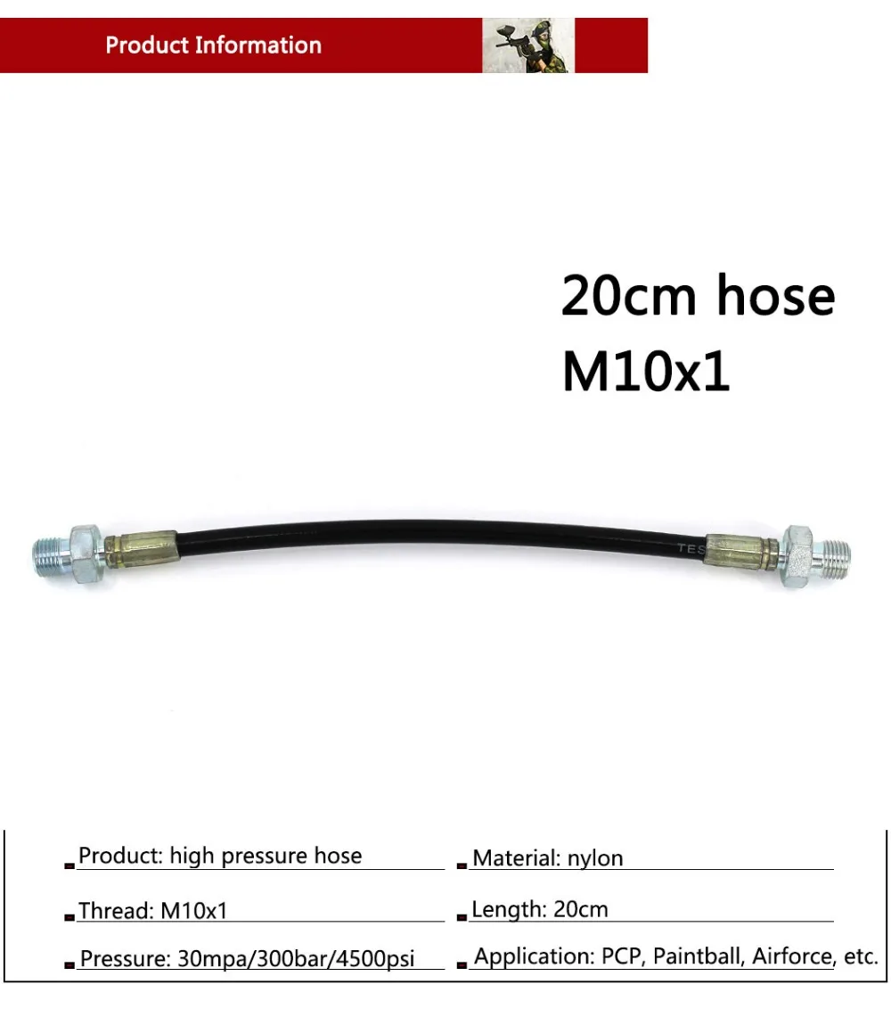 PCP Airforce Paintball Pneumatics Device High Pressure Hose 20cm Long M10x1 Male Thread Nylon Hose Carbon Steel Connection 30MPA